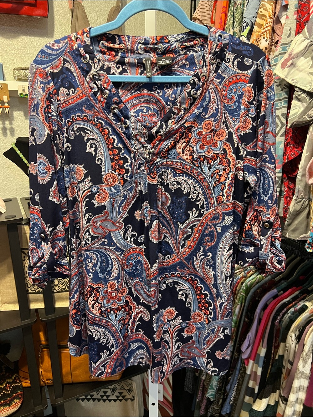 new directions Navy and Coral Paisley Lace-Up V-Neck Blouse